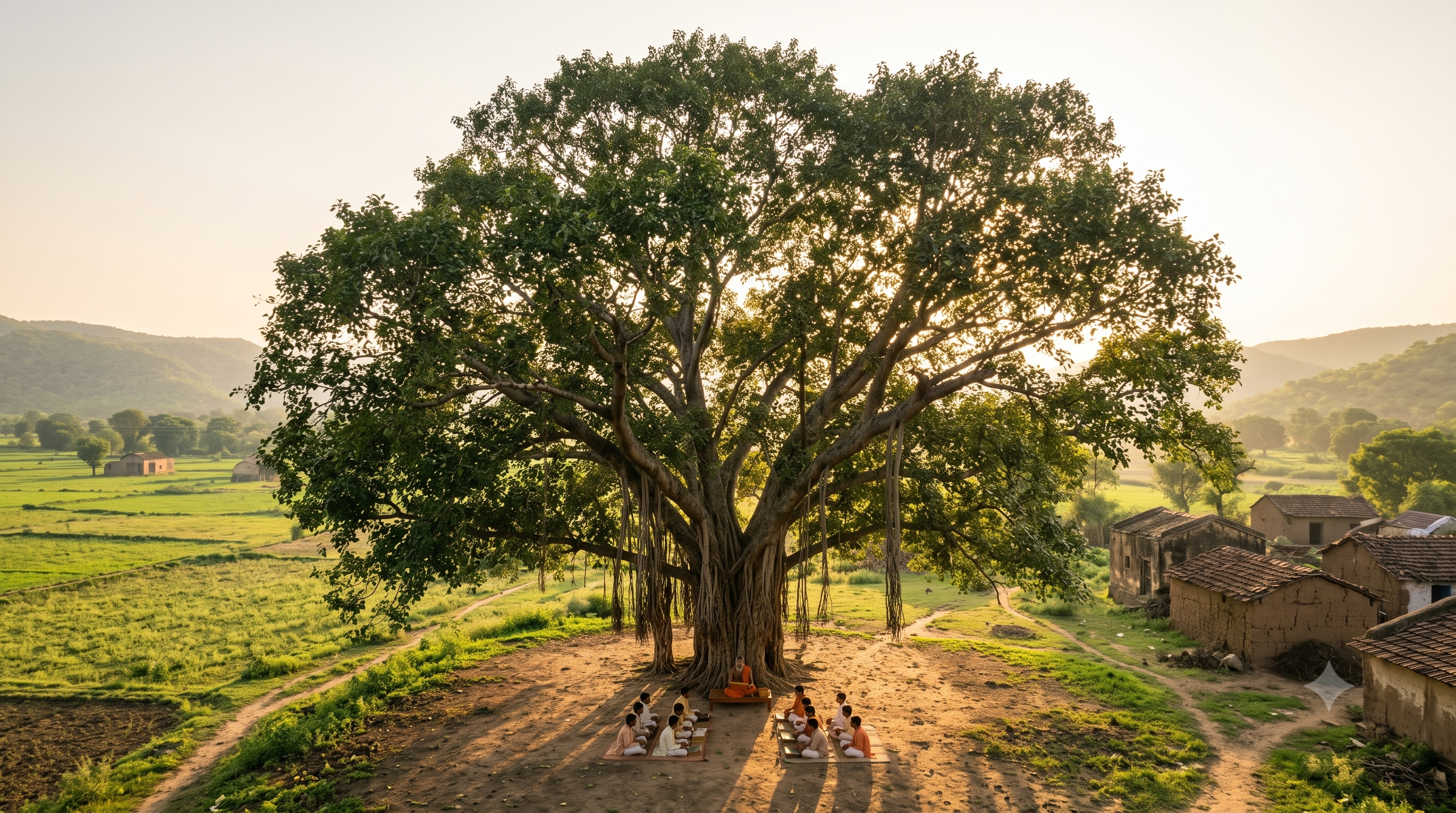 Ancient focustree tree with students learning underneath — the gurukul tradition